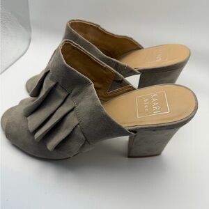 Kaari Blue Taupe Suede Fringe Block Heel Mules